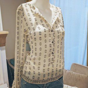 Black & Off White Pattern Print Sheer Button Top